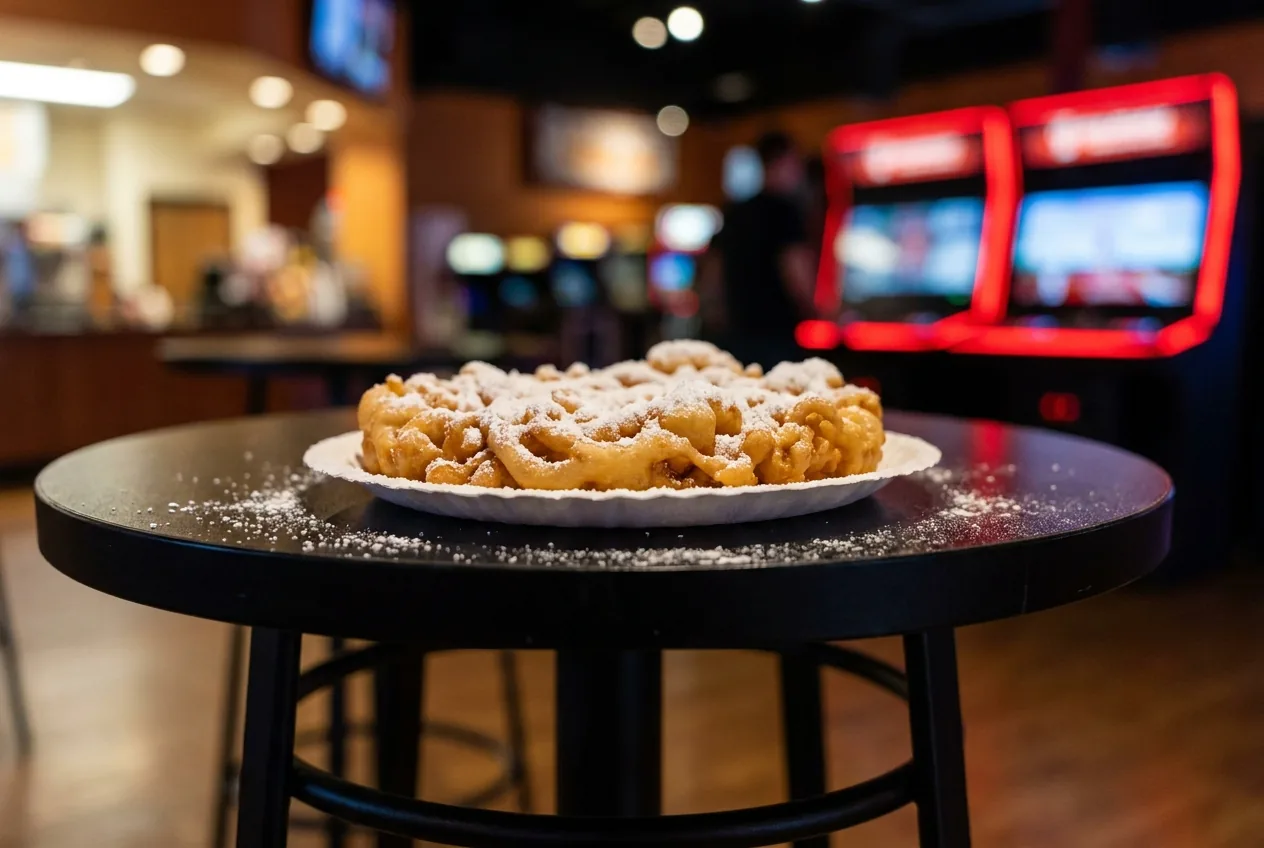 A funnel cake heaped with powdered sugar on a paper plate, on a black high-top table